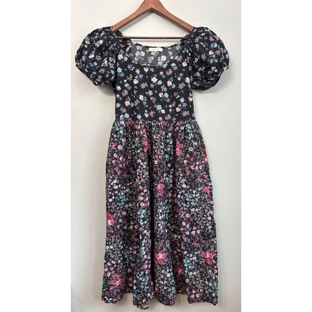 Love Shack Fancy‎ Dress 4 Lais Floral Puff Sleeve Midi Black Pink Blue